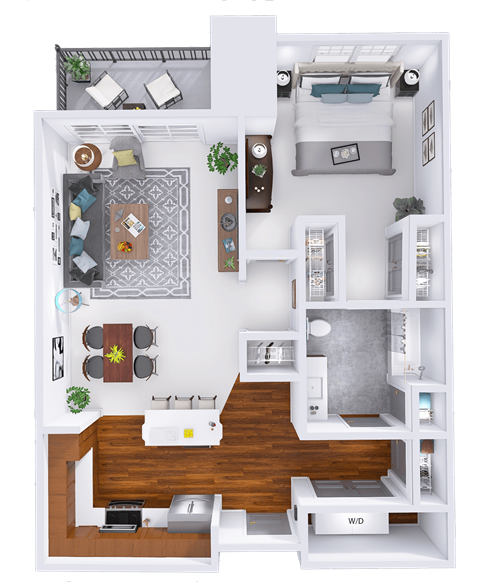 Floor plan for 1 bed, 1 bath, 834 sqft
